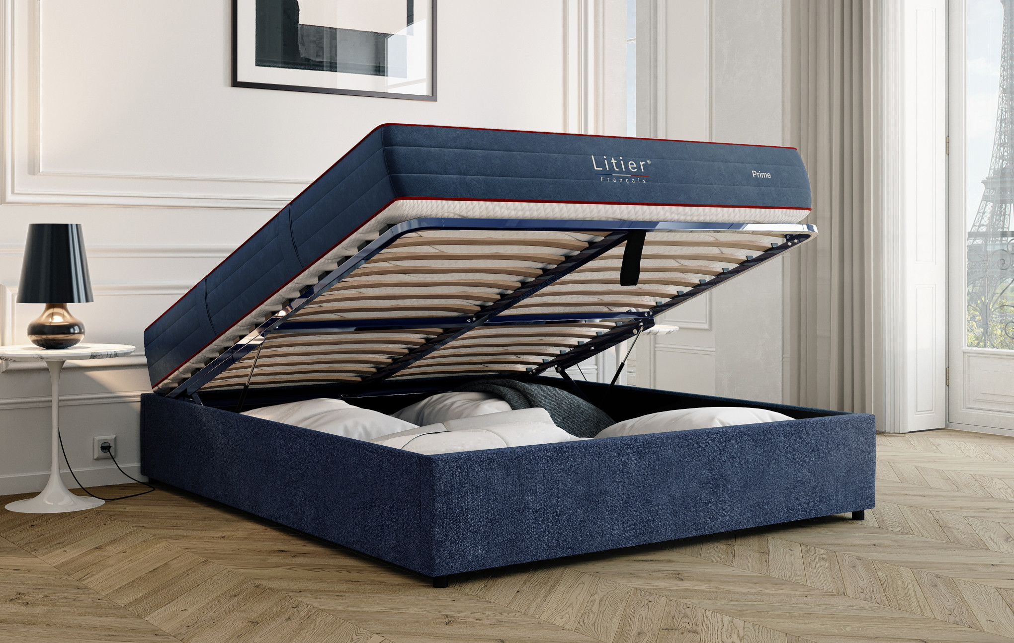 Ensemble sommier coffre Litier Français + matelas Prime