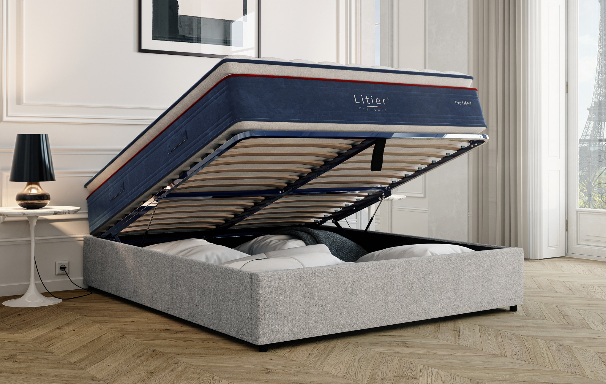 Ensemble sommier coffre Litier Français + matelas Pro Hôtel