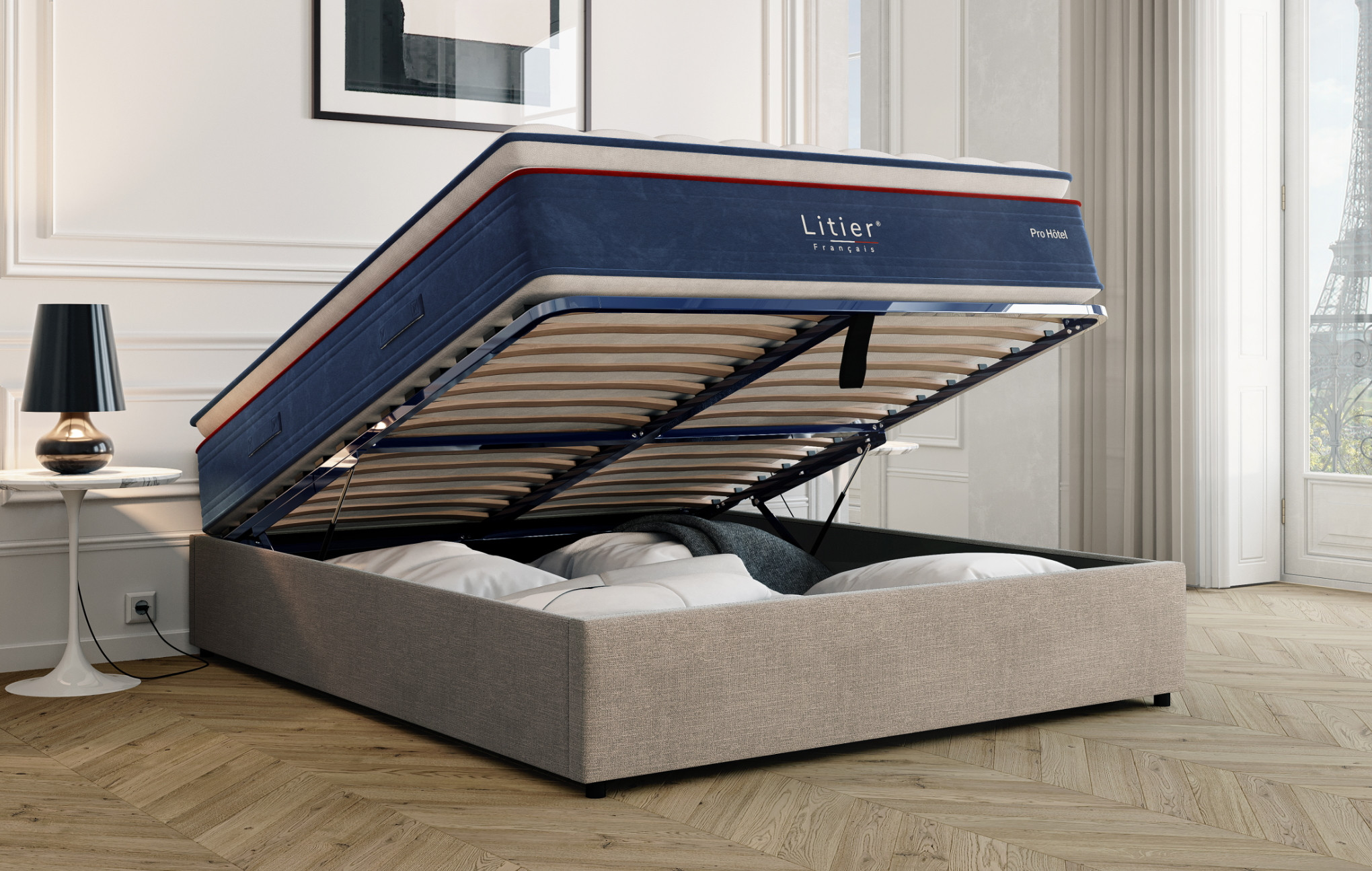 Ensemble sommier coffre Litier Français + matelas Pro Hôtel
