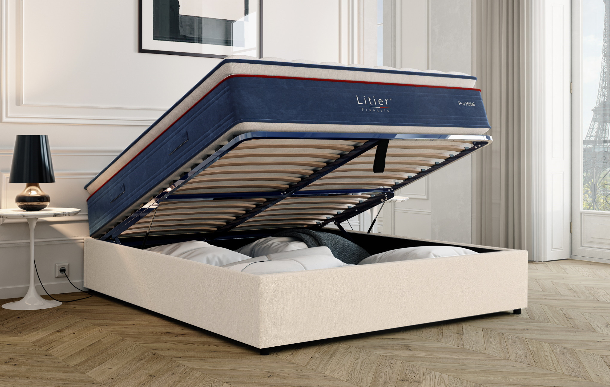 Ensemble sommier coffre Litier Français + matelas Pro Hôtel